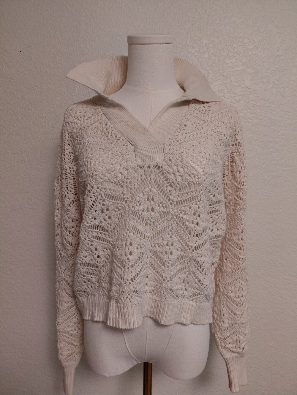 Freshman 1996 Cream Crochet Open Knit Collared Sweater S
